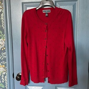 Cardigan M Karen Scott red with black mini dots on front